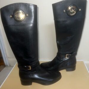 Michael Kors Black Leather Boots with Gold Emblem
